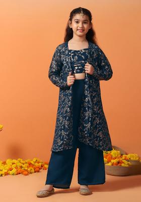 Blue Embroidered Georgette Kurta Set For Girls