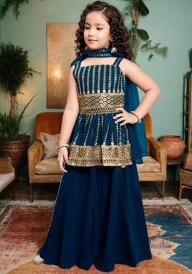Blue Embroidered Crepe Anarkali Kurta Set For Girls