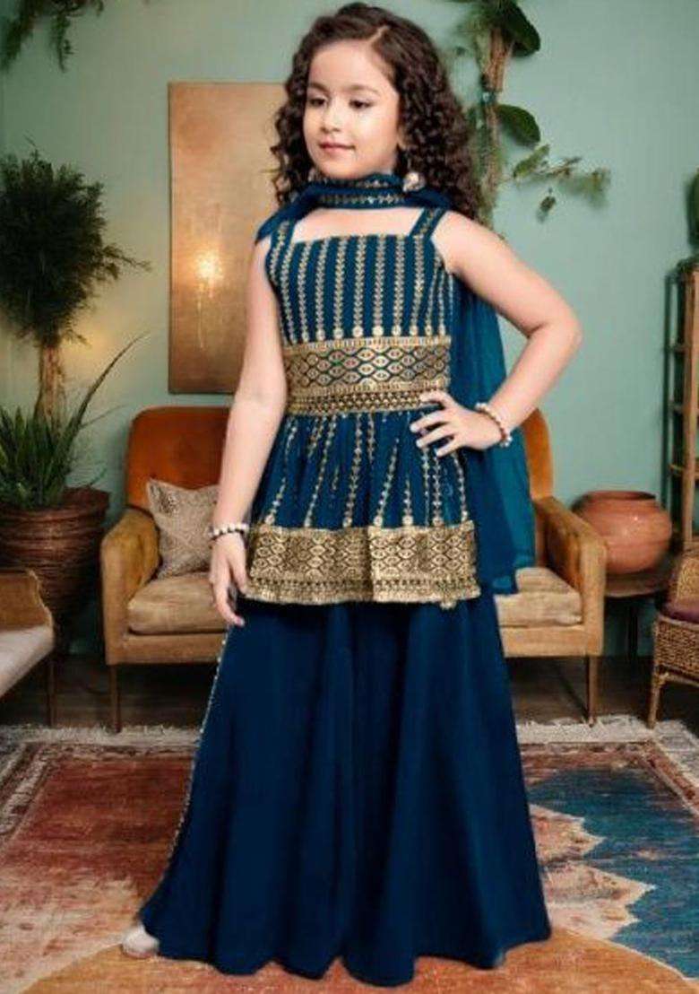 Blue Embroidered Crepe Anarkali Kurta Set For Girls - Indya