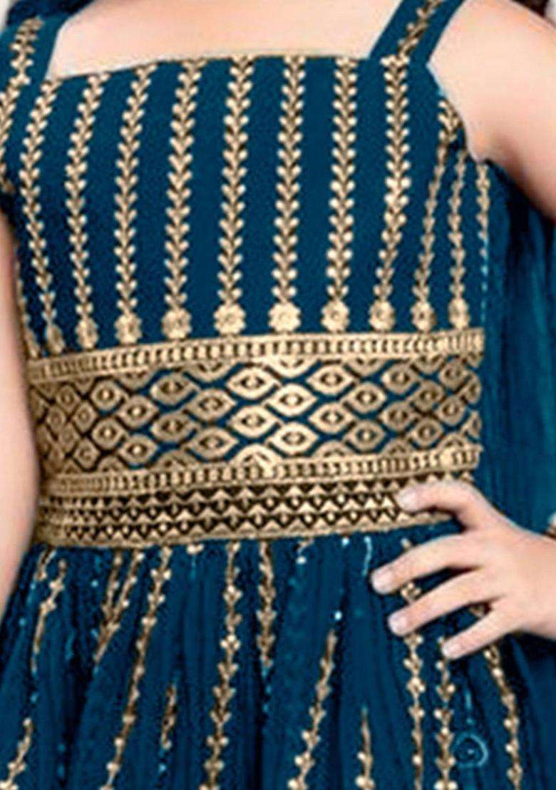 Blue Embroidered Crepe Anarkali Kurta Set For Girls - Indya