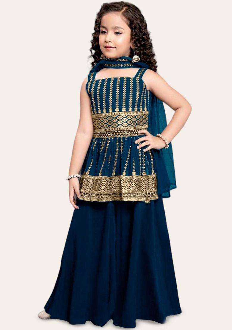 Blue Embroidered Crepe Anarkali Kurta Set For Girls - Indya
