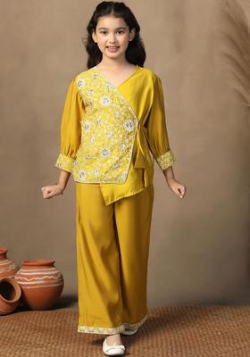 Yellow Embroidered Silk Kurta Set For Girls