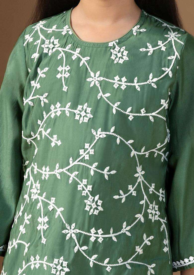 Olive Embroidered Silk Kurta Set For Girls - Indya