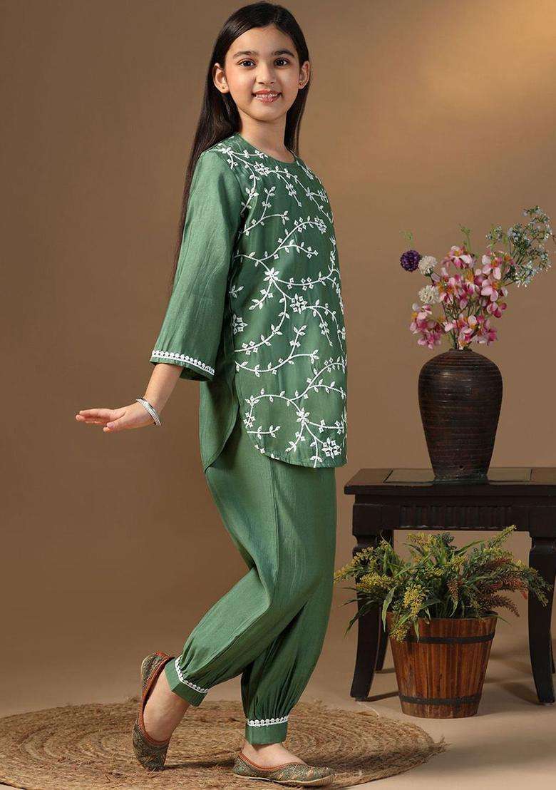 Olive Embroidered Silk Kurta Set For Girls - Indya