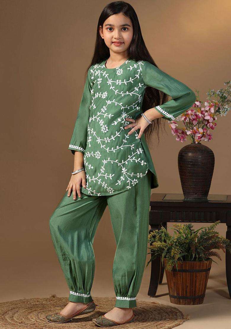 Olive Embroidered Silk Kurta Set For Girls - Indya