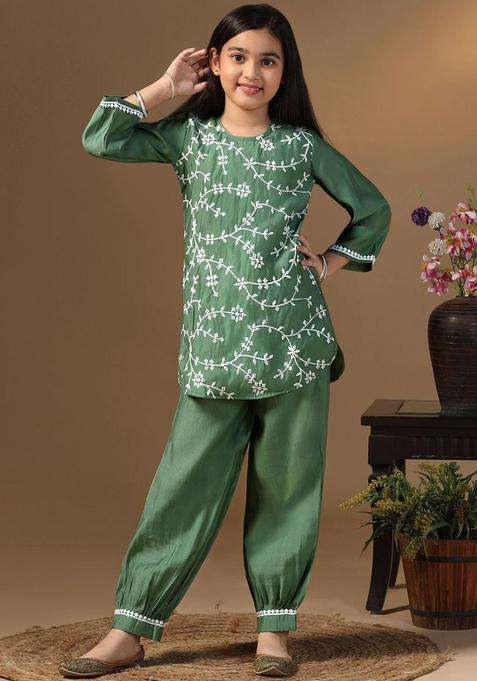 Olive Embroidered Silk Kurta Set For Girls