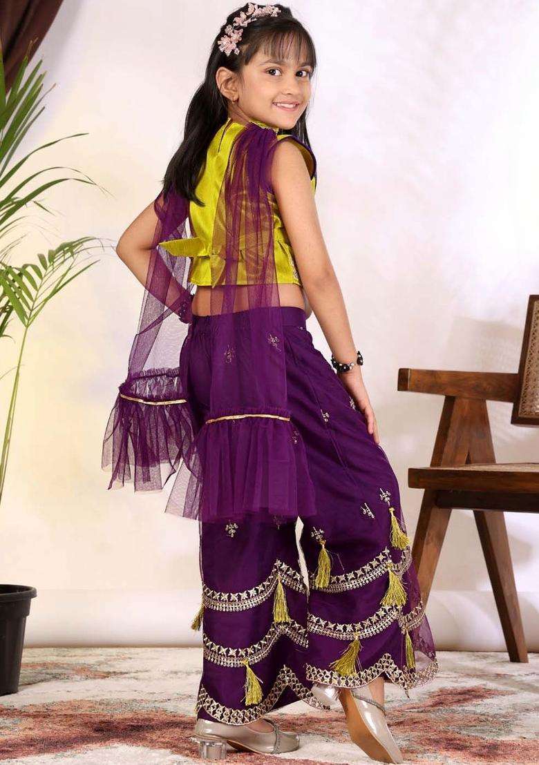 Multi Embroidered Cotton Kurta Set For Girls - Indya