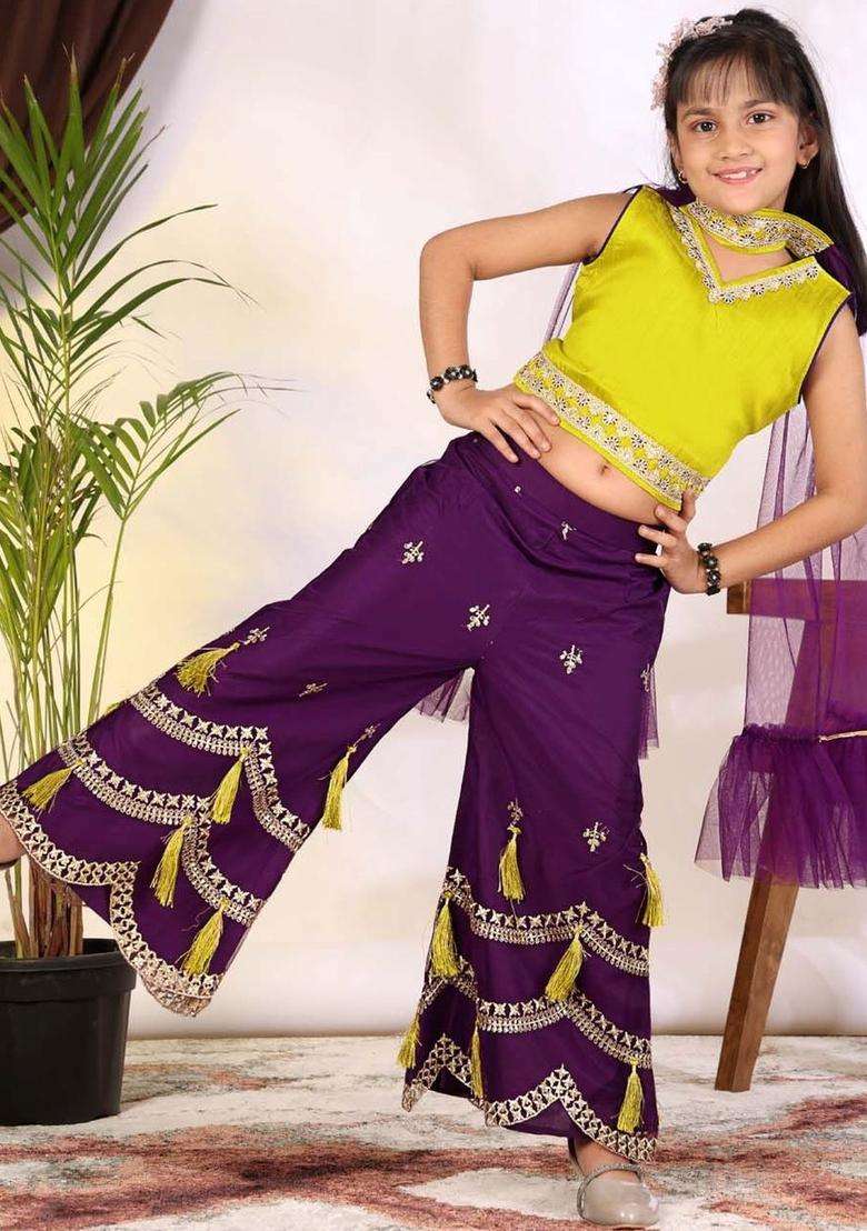 Multi Embroidered Cotton Kurta Set For Girls - Indya