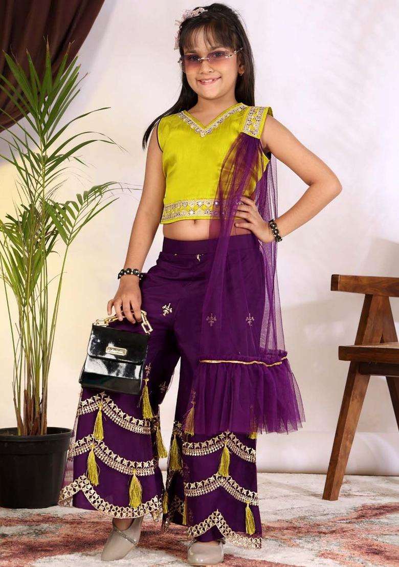 Multi Embroidered Cotton Kurta Set For Girls - Indya