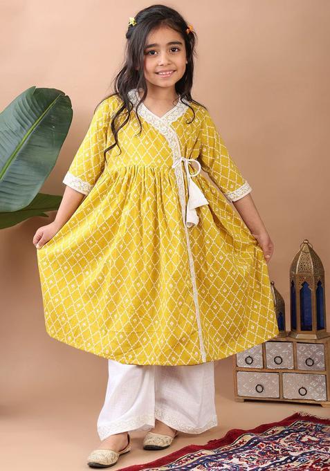 Yellow Printed Cotton Anarkali Kurta Set For Girls — view on Indya