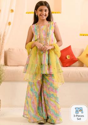 Yellow Printed Georgette Kurta Set For Girls