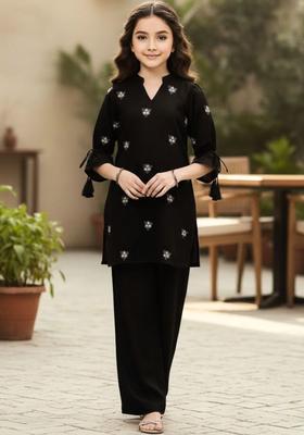 Black Embroidered Silk Kurta Set For Girls