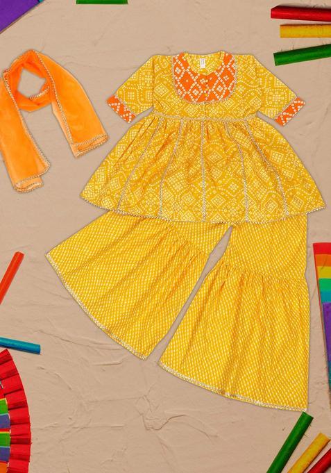 Yellow Printed Cotton Anarkali Kurta Set For Girls — view on Indya
