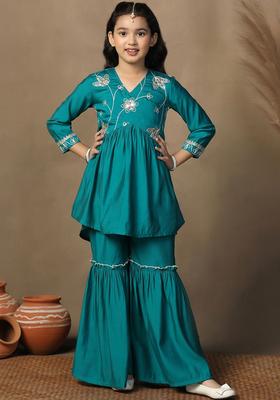 Turquoise Blue Embroidered Silk Kurta Set For Girls