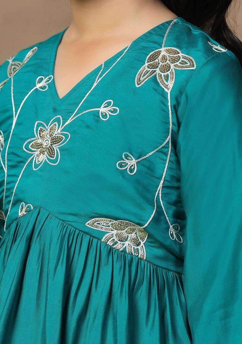 Turquoise Blue Embroidered Silk Kurta Set For Girls - Indya