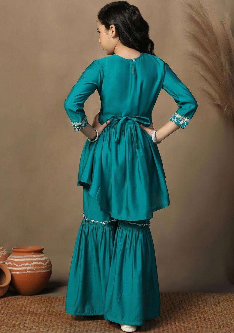 Turquoise Blue Embroidered Silk Kurta Set For Girls - Indya