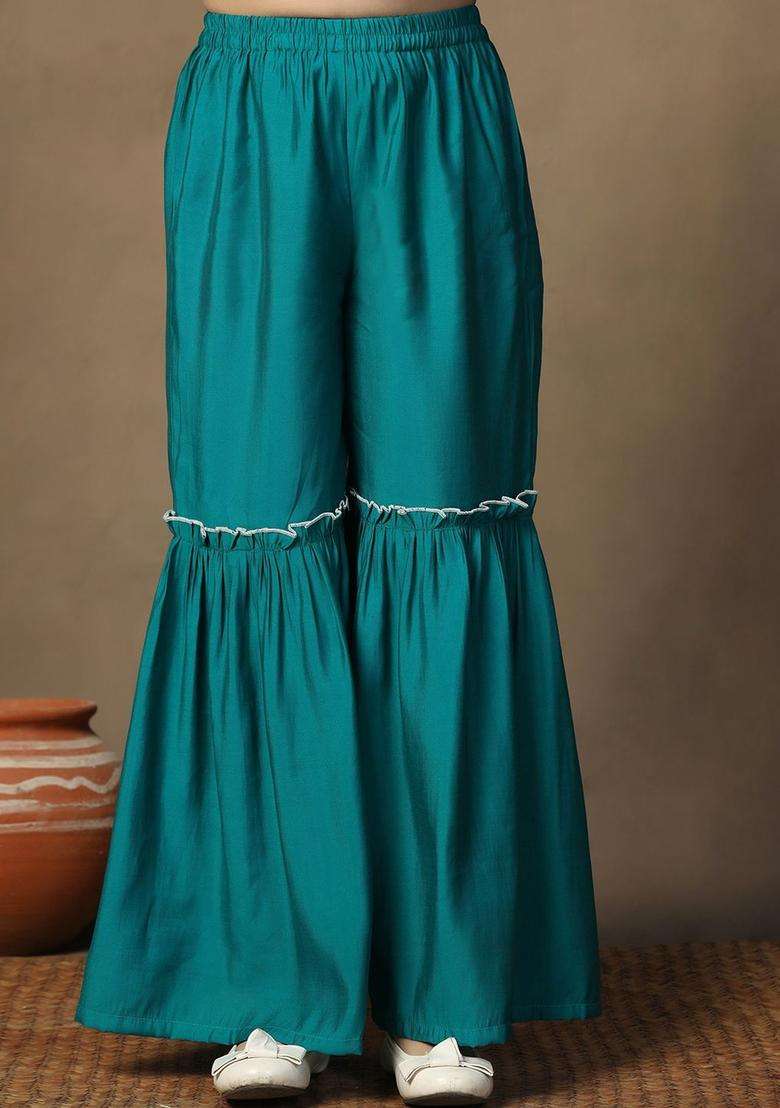 Turquoise Blue Embroidered Silk Kurta Set For Girls - Indya