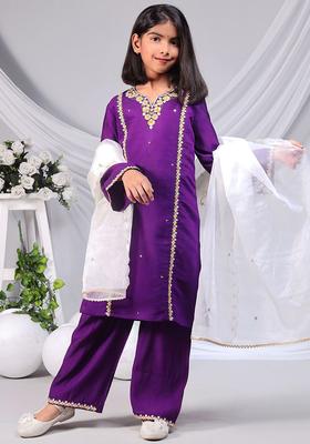 Purple Embroidered Silk Kurta Set For Girls