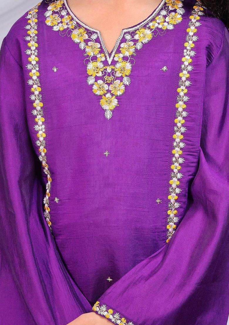 Purple Embroidered Silk Kurta Set For Girls - Indya