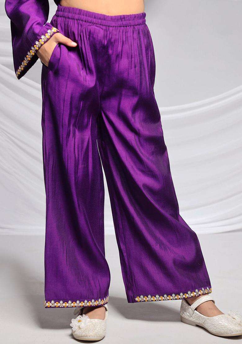 Purple Embroidered Silk Kurta Set For Girls - Indya