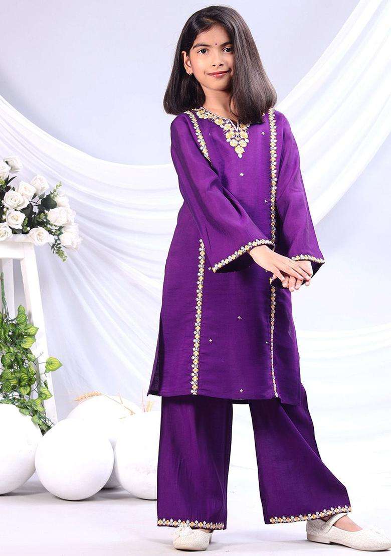 Purple Embroidered Silk Kurta Set For Girls - Indya