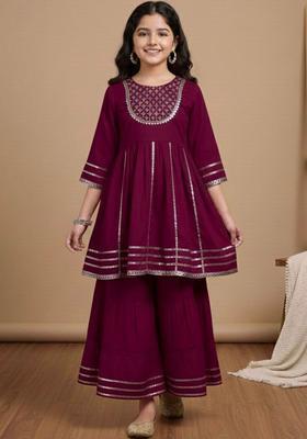 Maroon Embroidered Silk Kurta Set For Girls