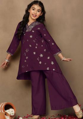 Purple Printed Silk Kurta Set For Girls