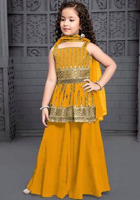 Yellow Embroidered Crepe Anarkali Kurta Set For Girls