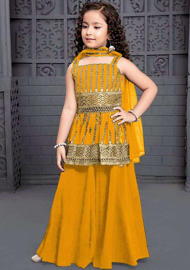 Yellow Embroidered Crepe Anarkali Kurta Set For Girls - Indya