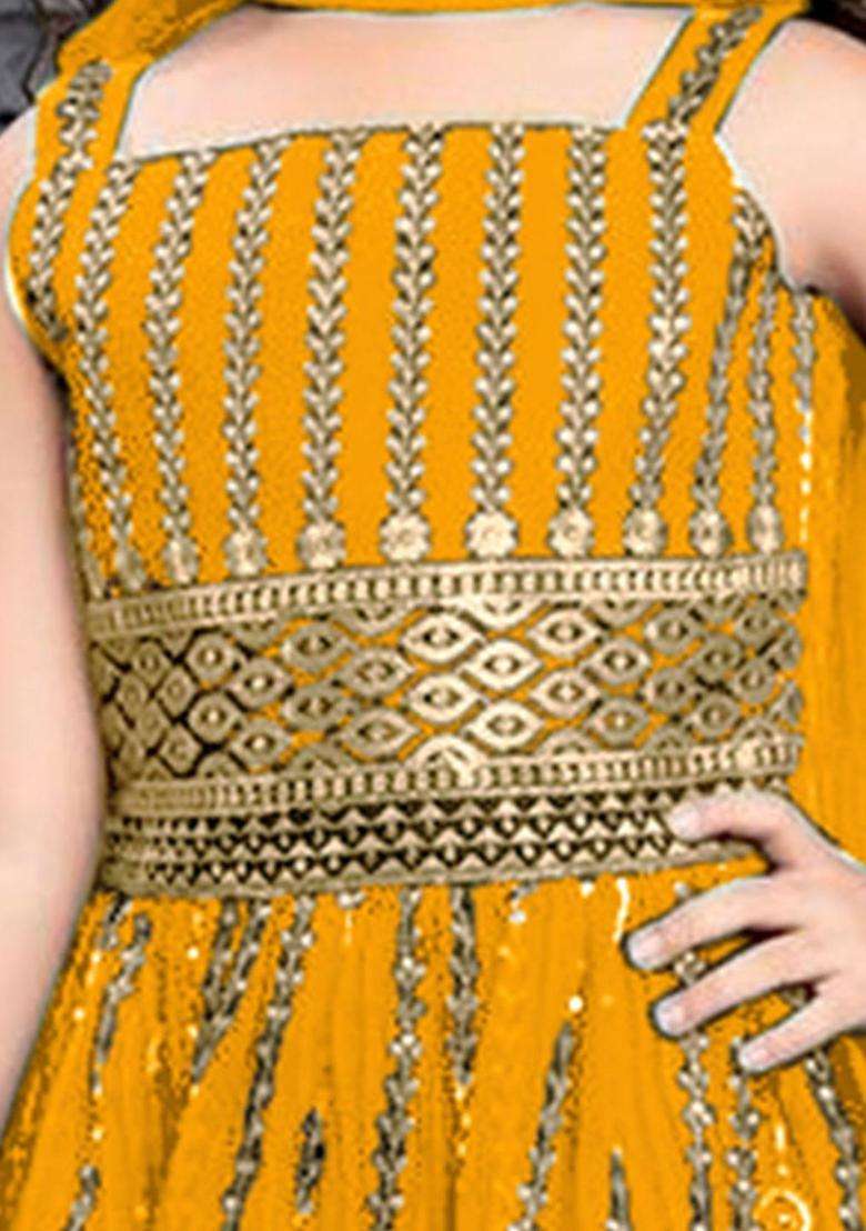 Yellow Embroidered Crepe Anarkali Kurta Set For Girls - Indya