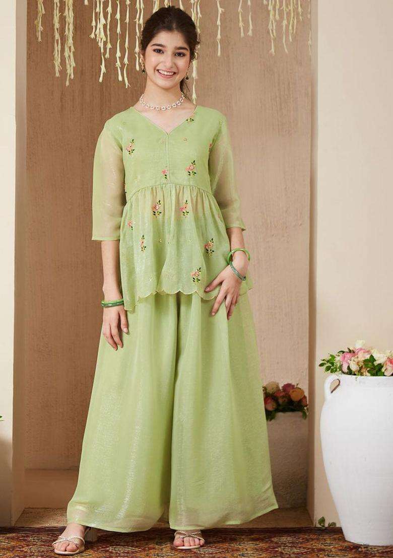 Green Embroidered Polyester Kurta Set For Girls - Indya