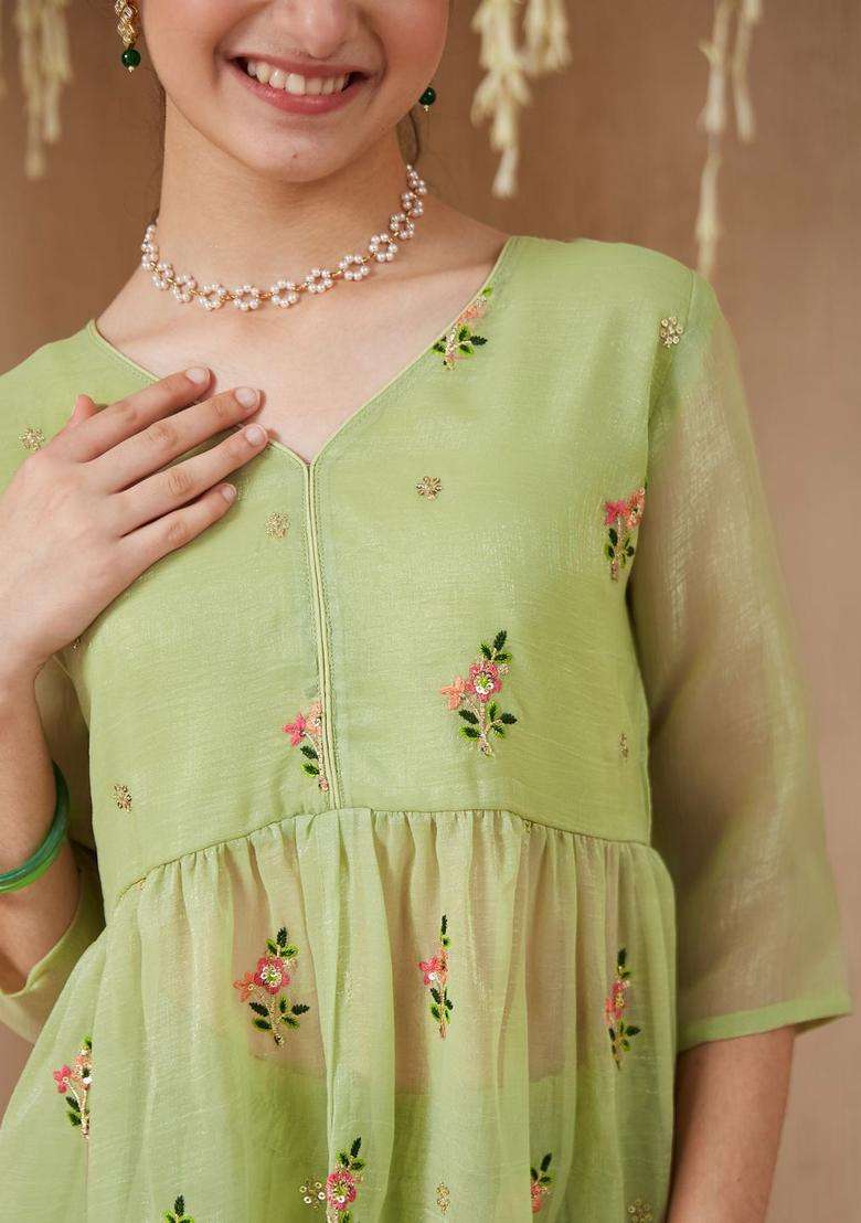 Green Embroidered Polyester Kurta Set For Girls - Indya