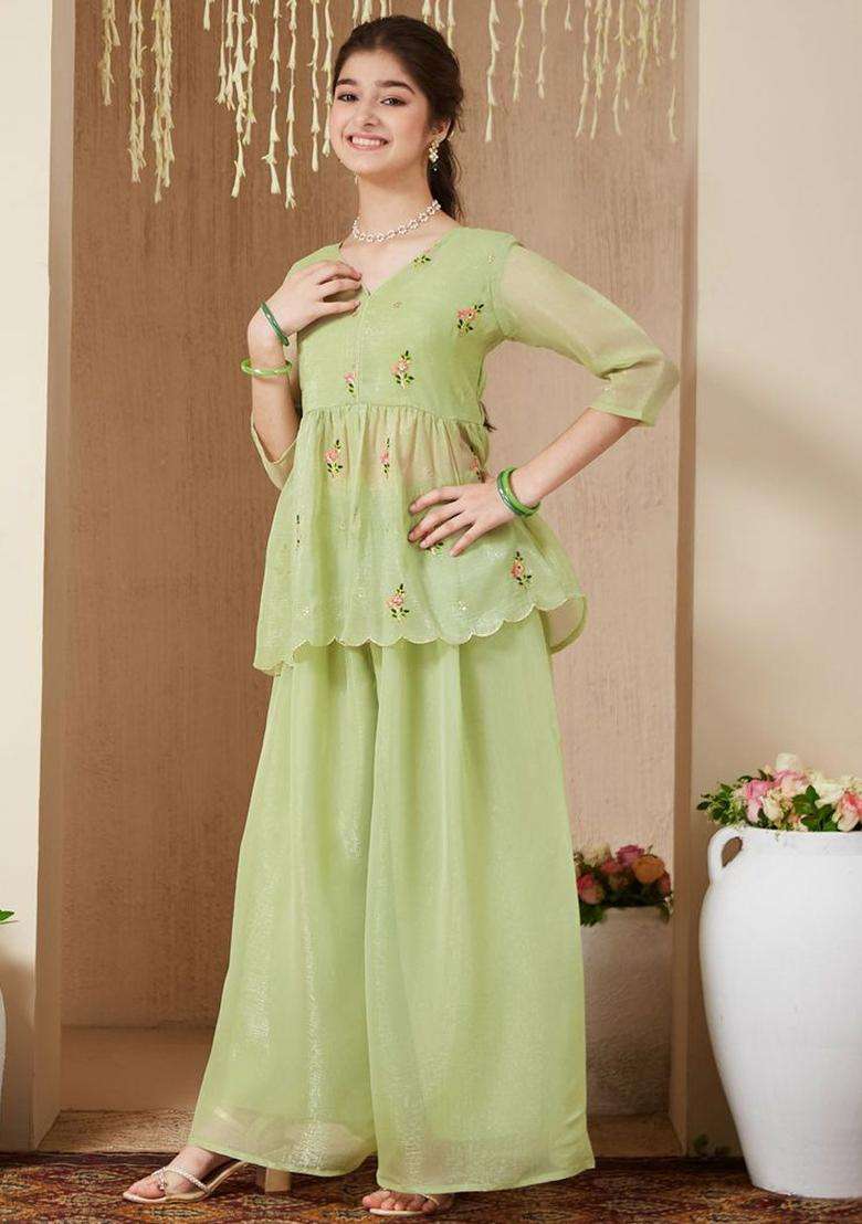Green Embroidered Polyester Kurta Set For Girls - Indya