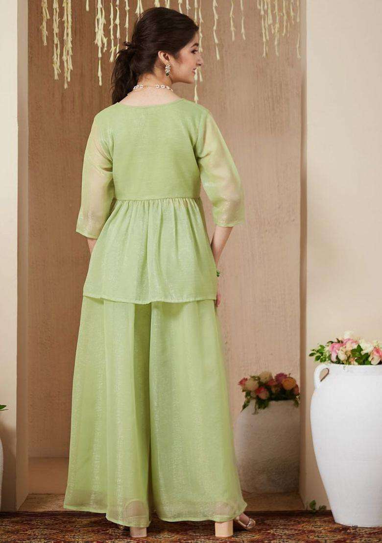 Green Embroidered Polyester Kurta Set For Girls - Indya