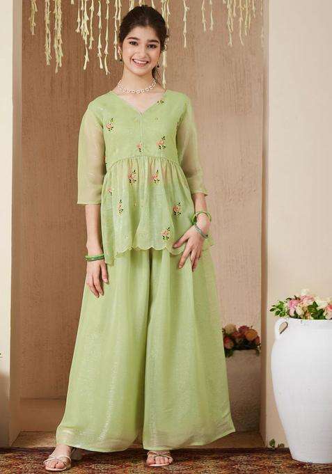 Green Embroidered Polyester Kurta Set For Girls