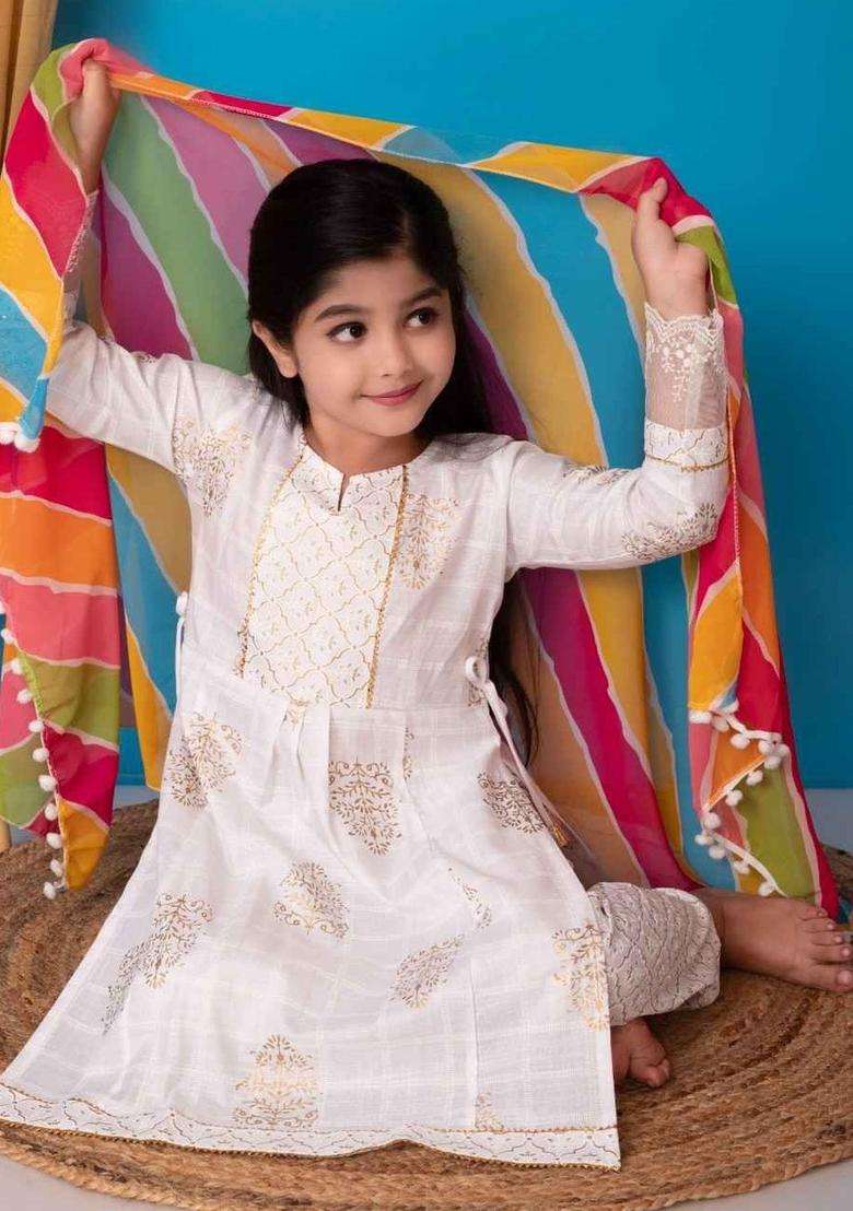White Printed Cotton Kurta Set For Girls - Indya