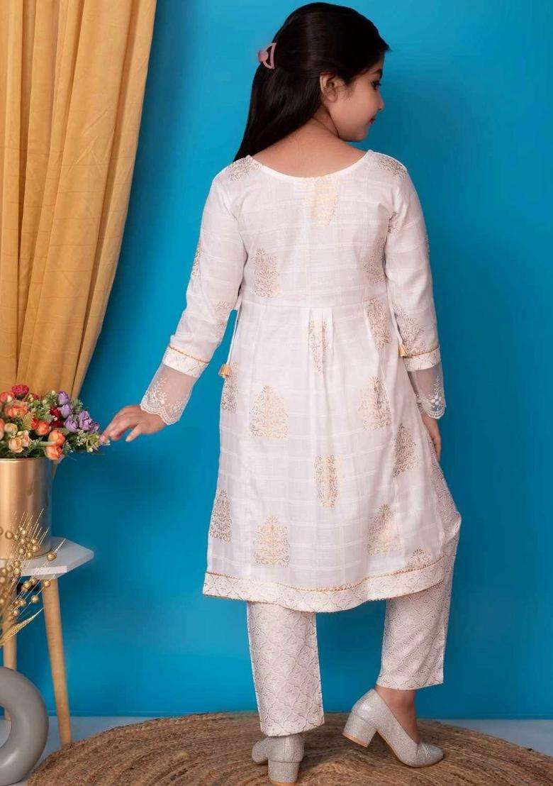 White Printed Cotton Kurta Set For Girls - Indya