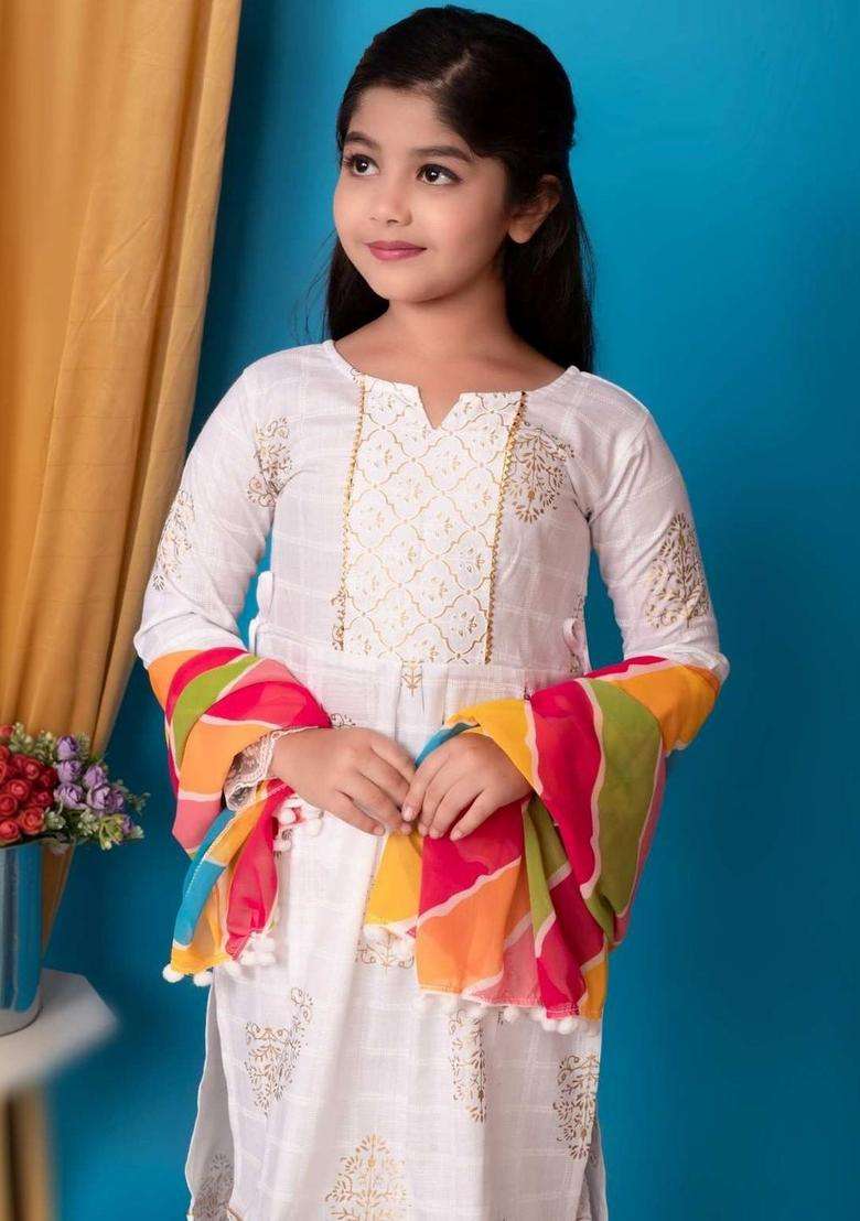 White Printed Cotton Kurta Set For Girls - Indya
