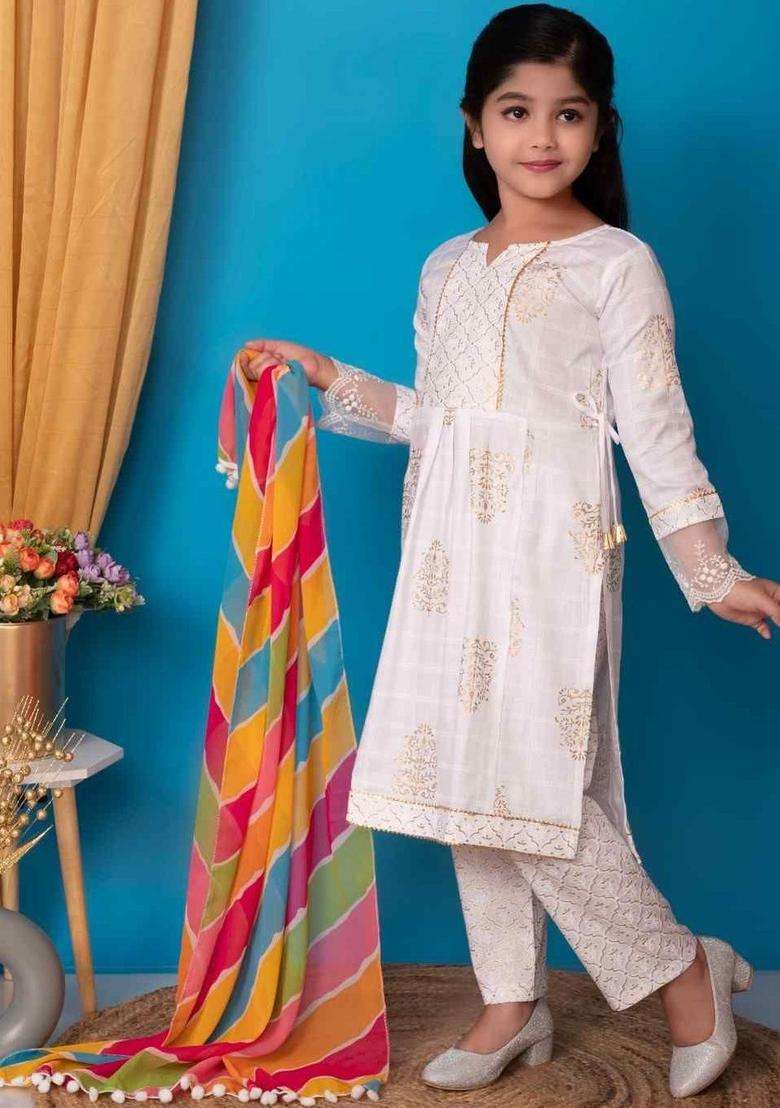 White Printed Cotton Kurta Set For Girls - Indya