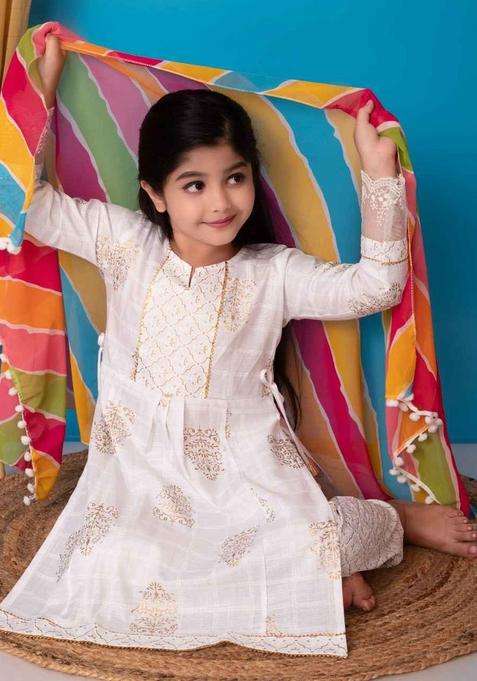 White Printed Cotton Kurta Set For Girls