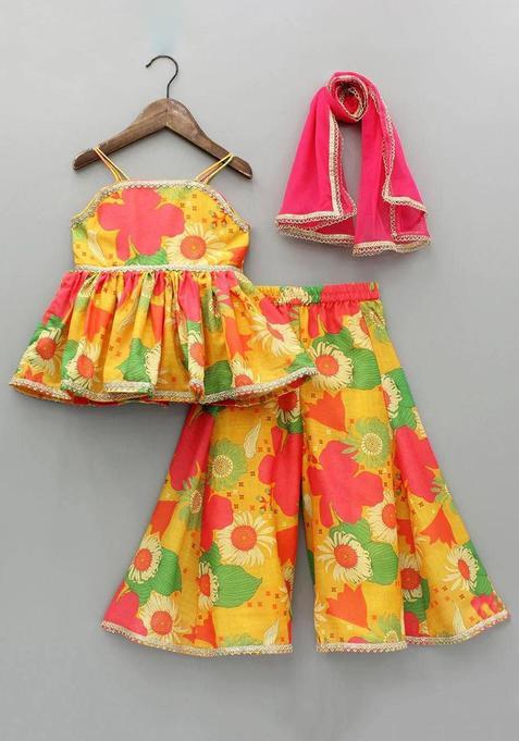 Yellow Printed Viscose Kurta Set For Girls — view on Indya