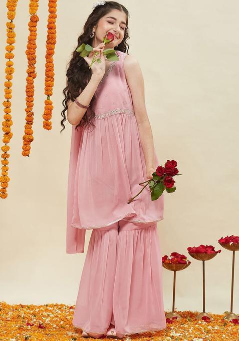 Pink Embroidered Georgette Kurta Set For Girls — view on Indya