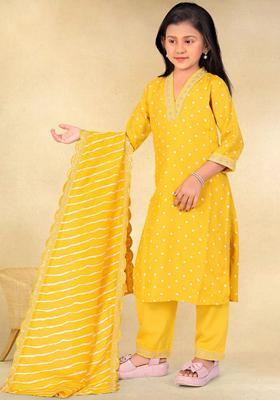 Yellow Embroidered Silk Kurta Set For Girls