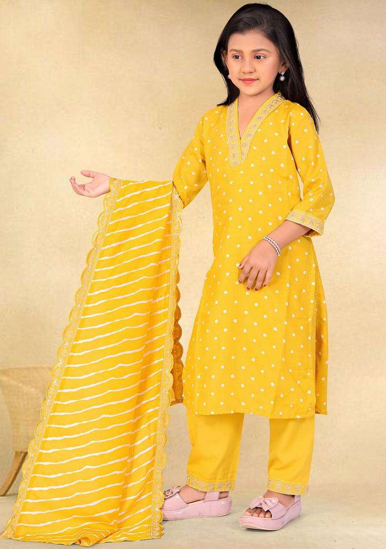 Yellow Embroidered Silk Kurta Set For Girls - Indya