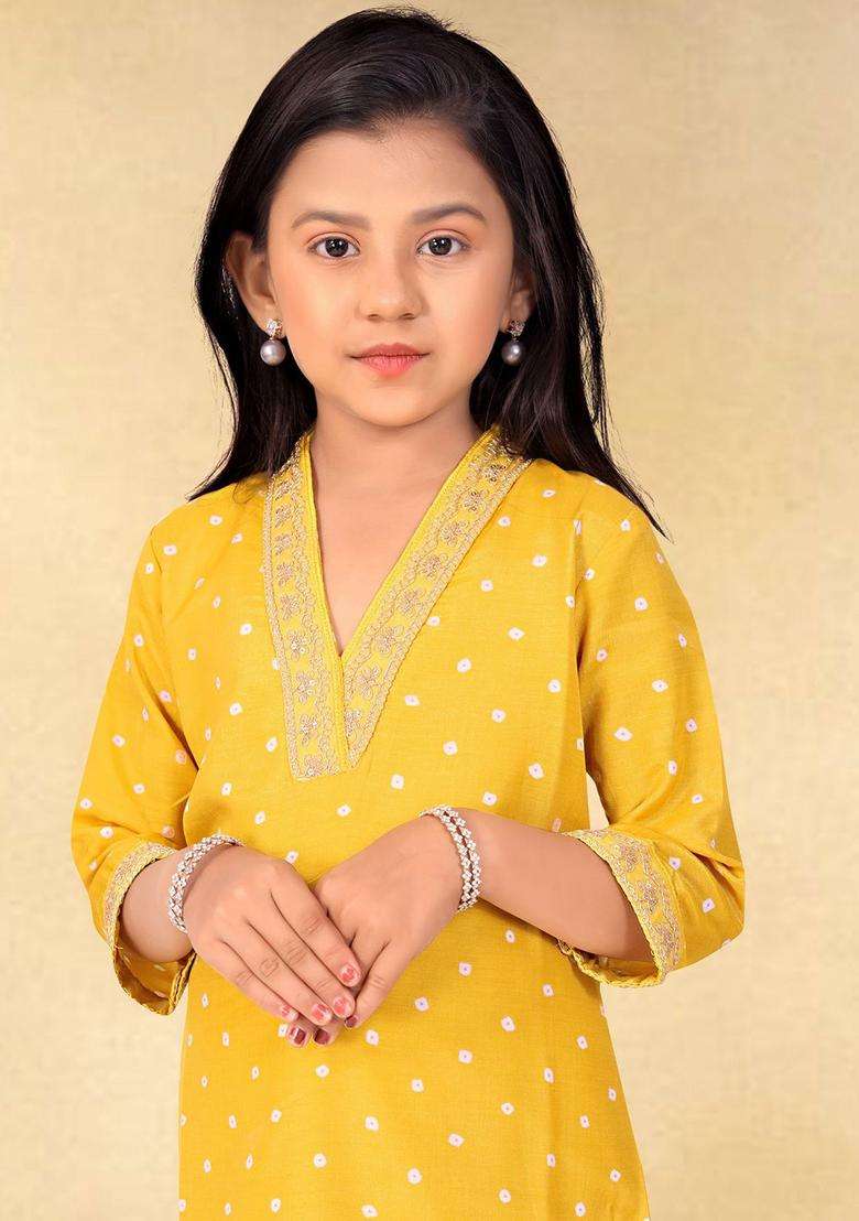 Yellow Embroidered Silk Kurta Set For Girls - Indya