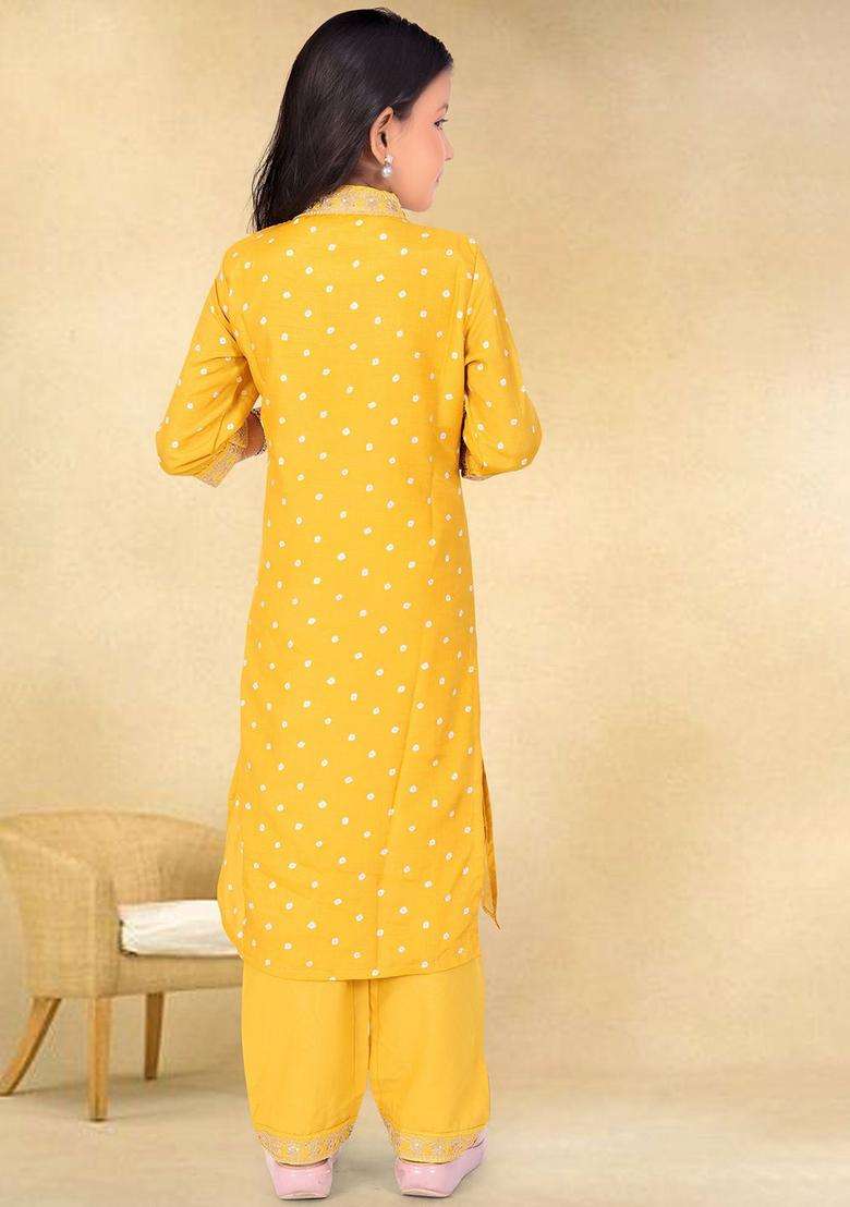 Yellow Embroidered Silk Kurta Set For Girls - Indya