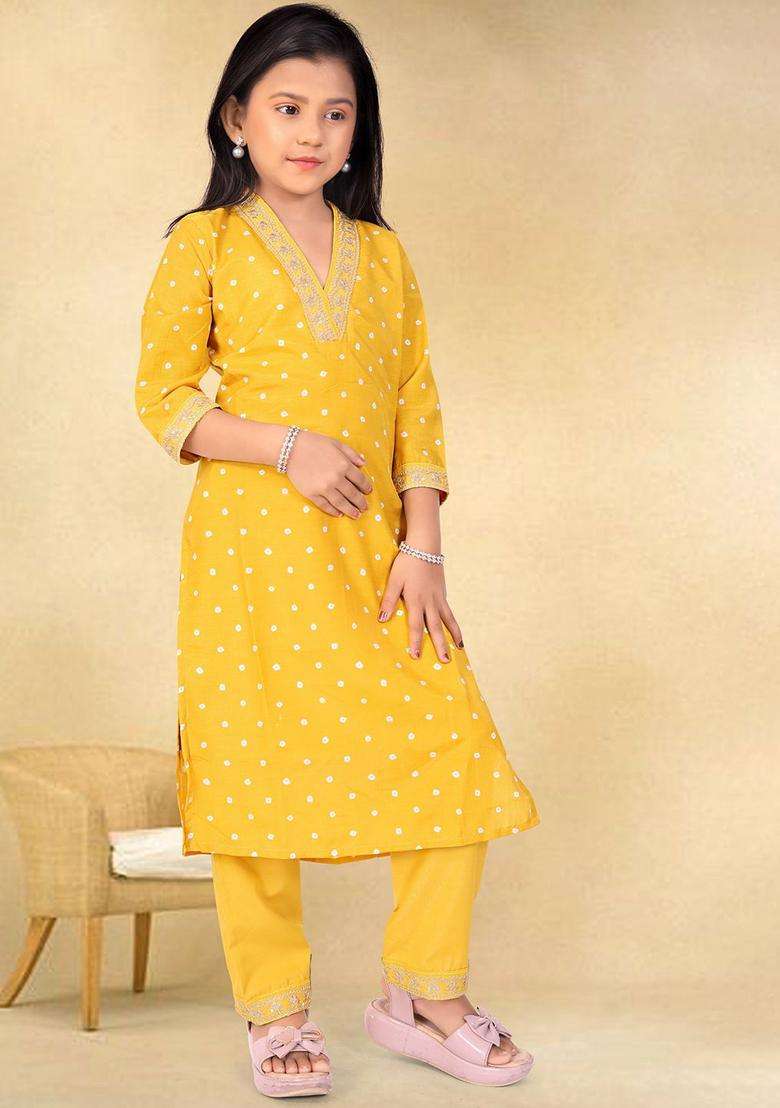 Yellow Embroidered Silk Kurta Set For Girls - Indya