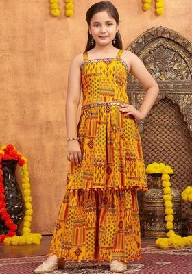 Yellow Printed Polyester Kurta Set For Girls