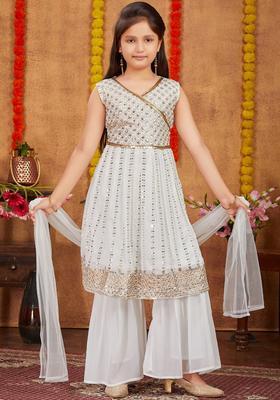 Off White Embroidered Georgette Kurta Set For Girls