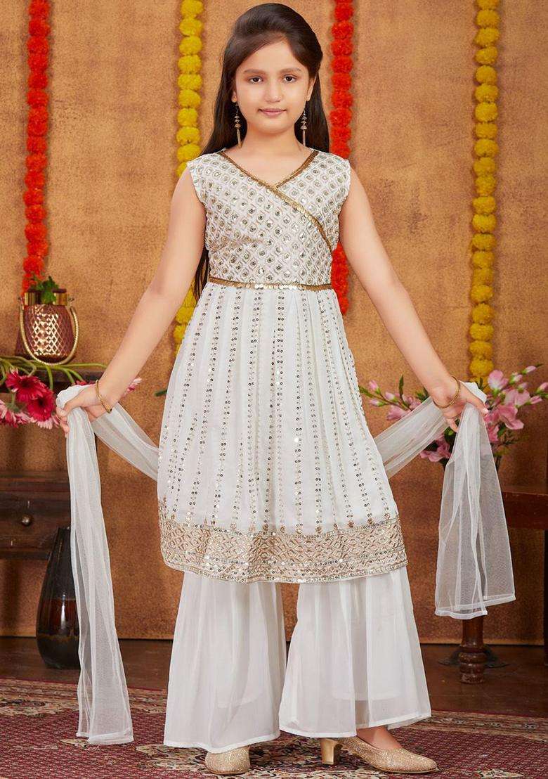 Off White Embroidered Georgette Kurta Set For Girls - Indya